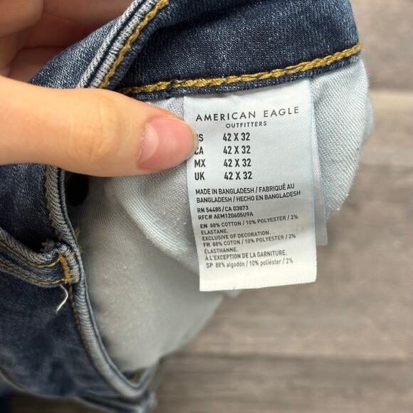 American Eagle Flex Dark Wash Faded Blue Mens 40x29 Frayed‎ Hem Skinny Jeans - Picture 5 of 14
